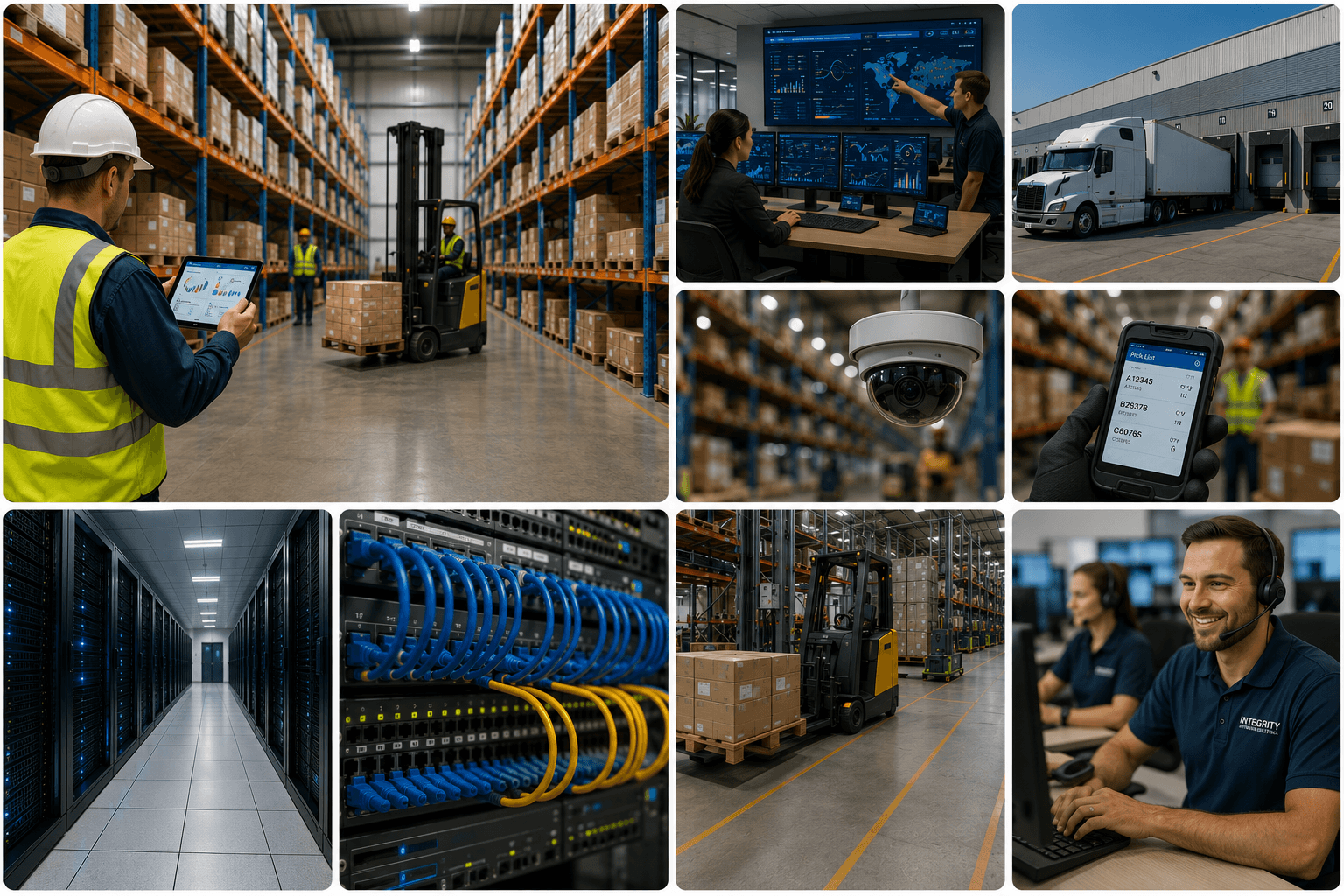 Integrity Network Solutions technology in warehouse and distribution operations — RF scanners, warehouse Wi-Fi, network infrastructure, and monitoring