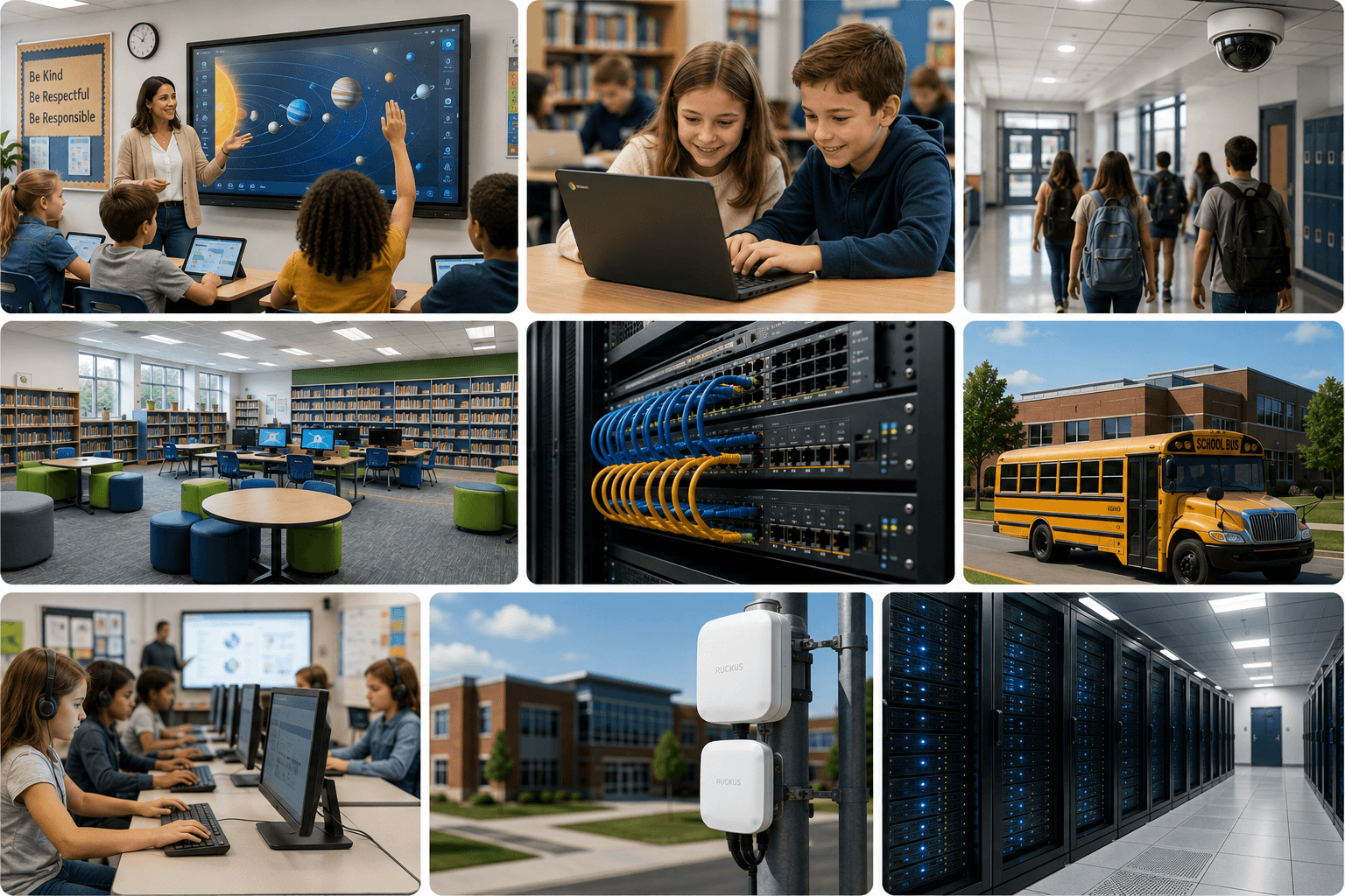 Integrity Network Solutions technology in K-12 schools — classroom displays, student devices, campus Wi-Fi, and network infrastructure